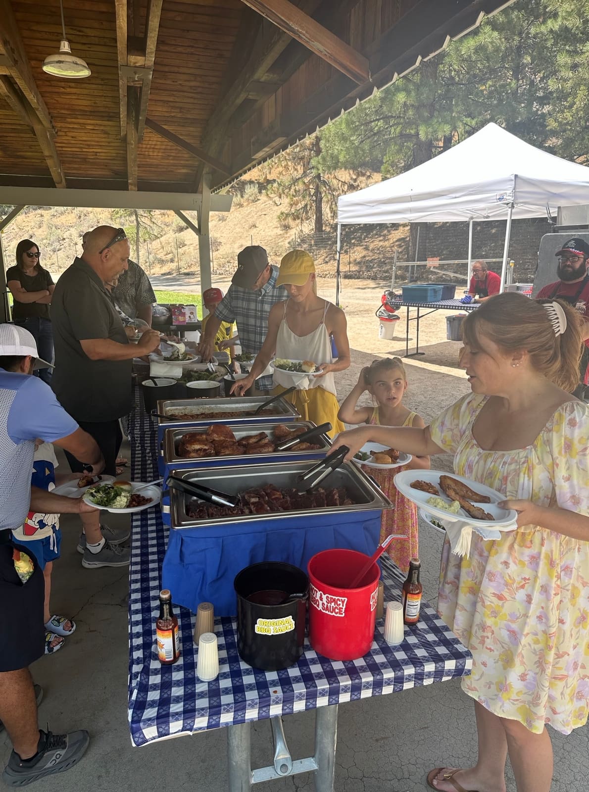 Guests filing along an outdoor buffet under a park shelter, filling plates from chafing trays on a blue-checked tablecloth.
